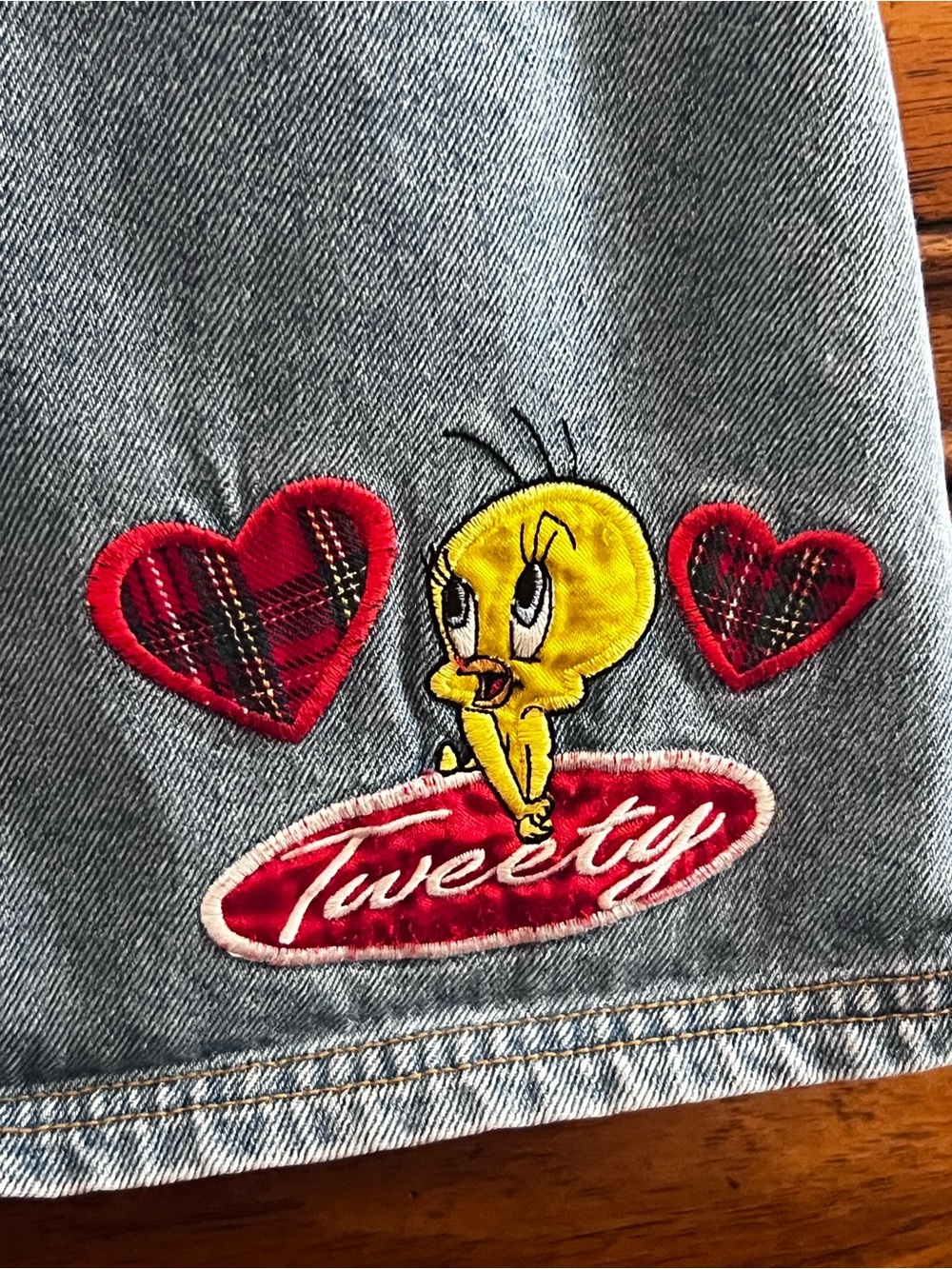 KIDS VTG CLOTHES: Denim Kids Overall Dress with Tweety Patch - Light Blue - Picture 2 of 7